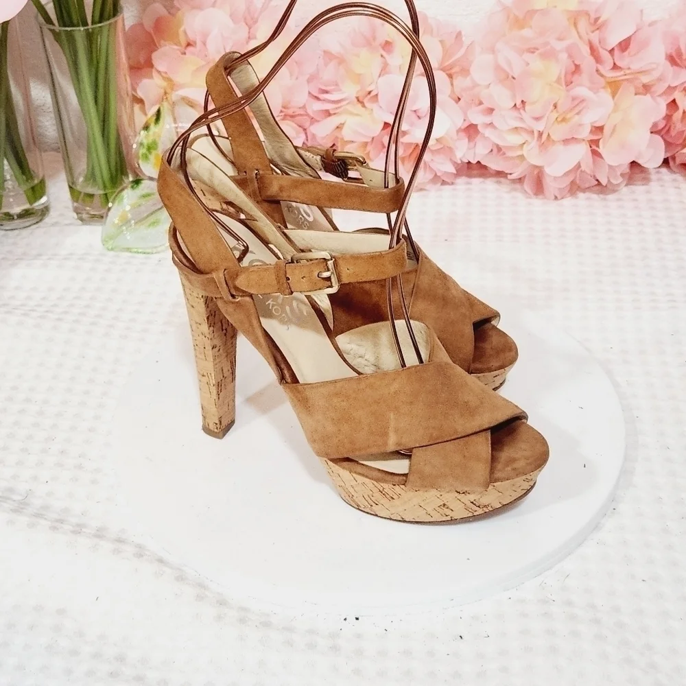 Michael Kors Adair Brown Suede Cork Platform High Heel Sandals Sz. US 6.5 M